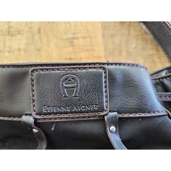 Etienne Aigner Black Vegan Leather Basket Weave Drawstring Hobo Bag Moto - Picture 6 of 11